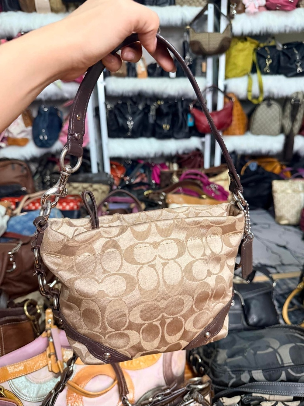 Coach mini Carly Signature Jacquard Shoulder Bag in Khaki Brown